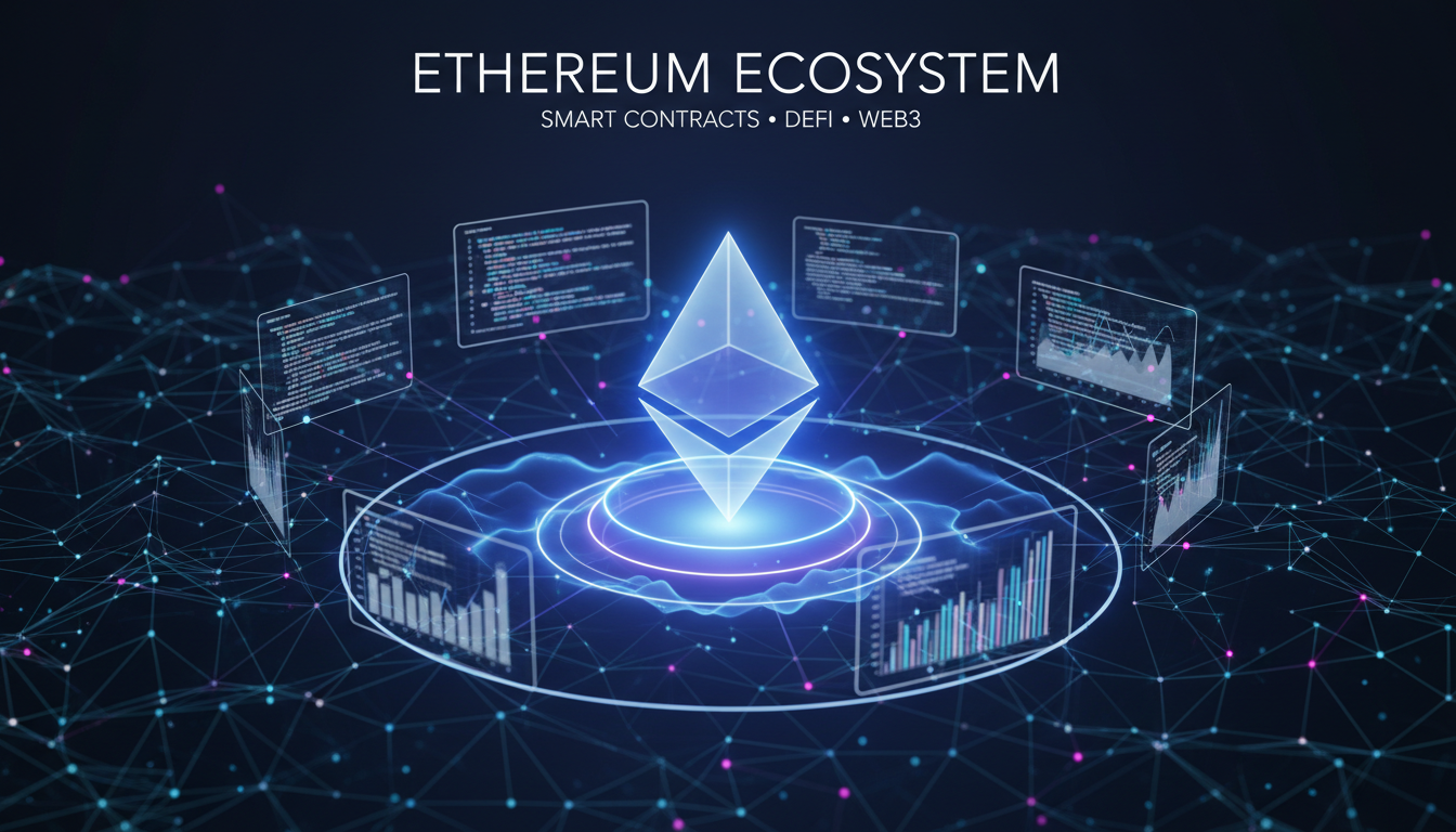 Ecossistema Ethereum mostrando o funcionamento de contratos inteligentes e finanças descentralizadas